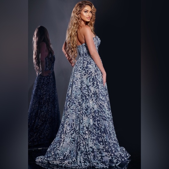 NWT Jovani 44151 Strapless Corset Ball Gown Floral Sheer Formal Prom Navy Sz 16 - Picture 3 of 17